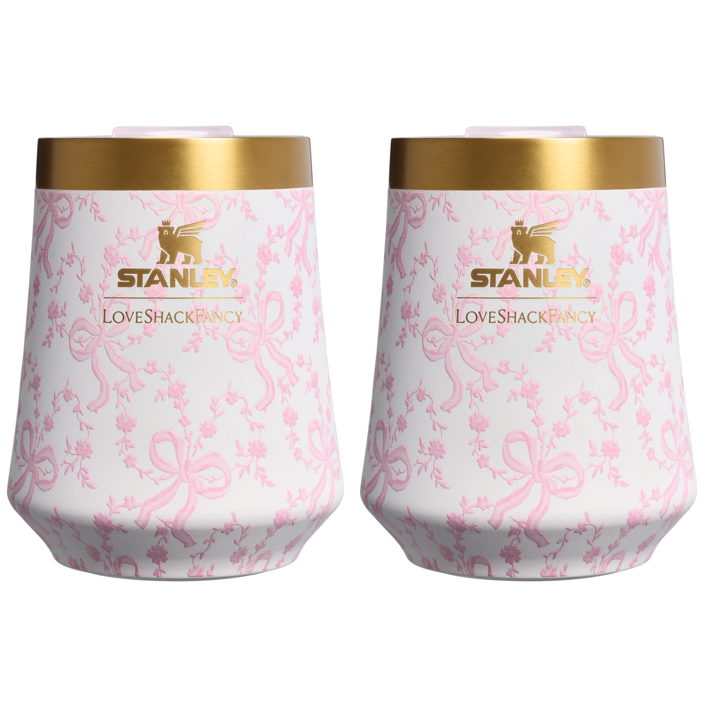 Elegant Stemless Stanley 1913 x LoveShackFancy Holiday The Reserve Wine Tumbler Set | 2-pack D205C - Premium Insulated Egg-Shaped Wine Glass for Outdoors - Coquette Bow Chantilly