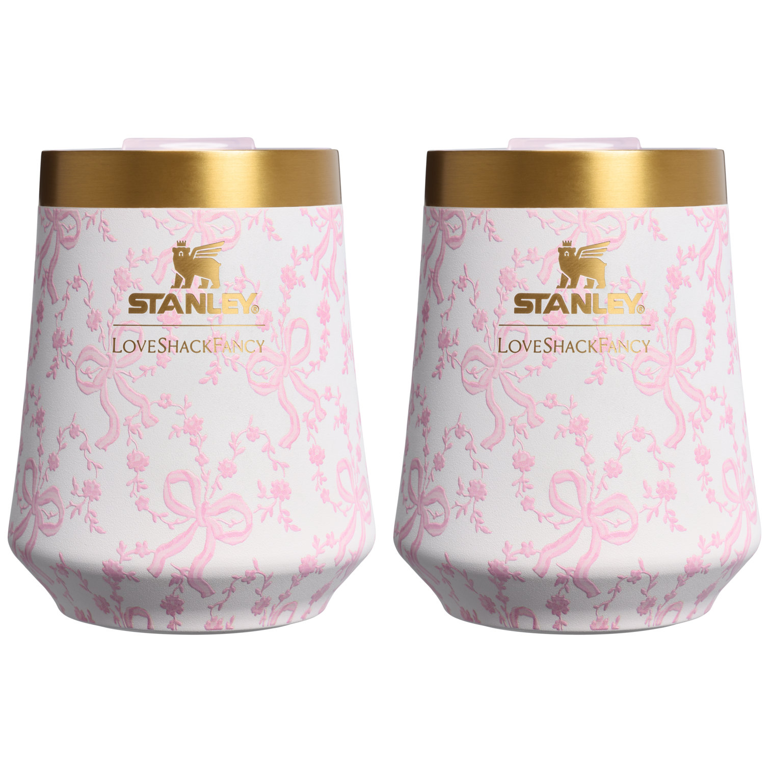 Elegant Stemless Stanley 1913 x LoveShackFancy Holiday The Reserve Wine Tumbler Set | 2-pack D205C - Premium Insulated Egg-Shaped Wine Glass for Outdoors - Coquette Bow Chantilly