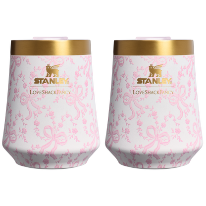 Elegant Stemless Stanley 1913 x LoveShackFancy Holiday The Reserve Wine Tumbler Set | 2-pack D205C - Premium Insulated Egg-Shaped Wine Glass for Outdoors - Coquette Bow Chantilly