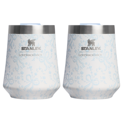 Elegant Stemless Stanley 1913 x LoveShackFancy Holiday The Reserve Wine Tumbler Set | 2-pack D205C - Premium Insulated Egg-Shaped Wine Glass for Outdoors - Coquette Bow Winter Ice